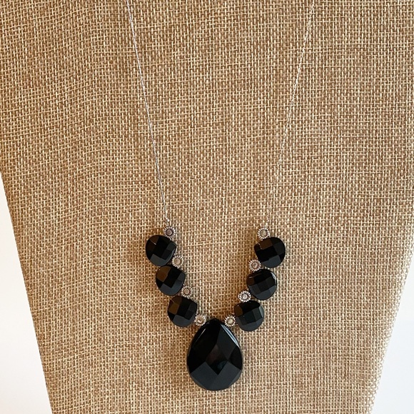 Vintage 925 Classy Black Faceted Glass Necklace - Picture 3 of 5